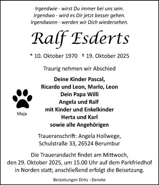 Traueranzeige von Ralf Esderts von Ostfriesischer Kurier GmbH