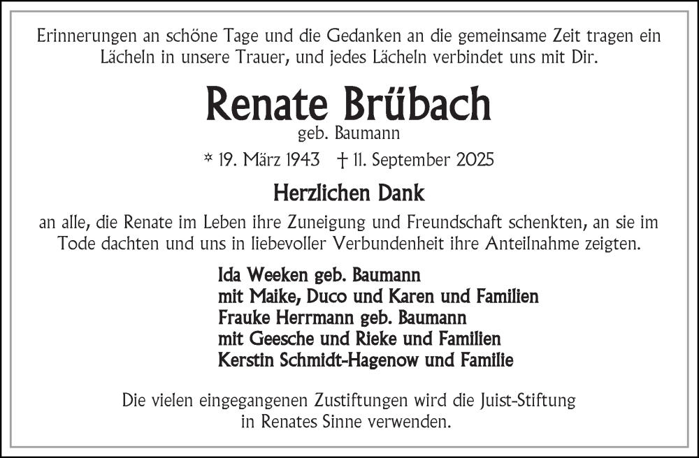  Traueranzeige für Renate Brübach vom 31.10.2025 aus Ostfriesischer Kurier GmbH