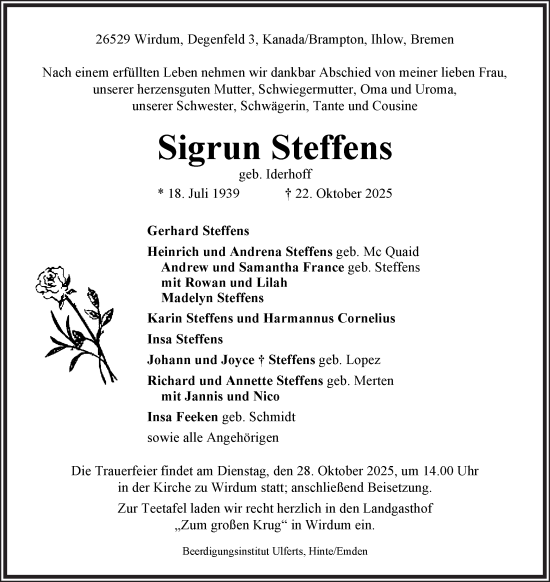 Traueranzeige von Sigrun Steffens von Ostfriesischer Kurier GmbH