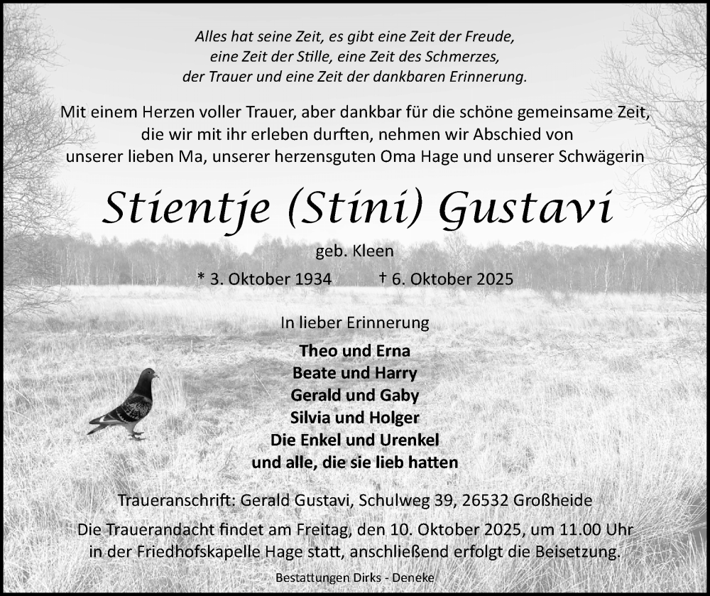  Traueranzeige für Stientje (Stini) Gustavi vom 08.10.2025 aus Ostfriesischer Kurier GmbH