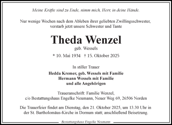 Traueranzeige von Theda Wenzel von Ostfriesischer Kurier GmbH