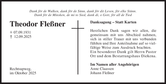 Traueranzeige von Theodor Fleßner von Ostfriesischer Kurier GmbH