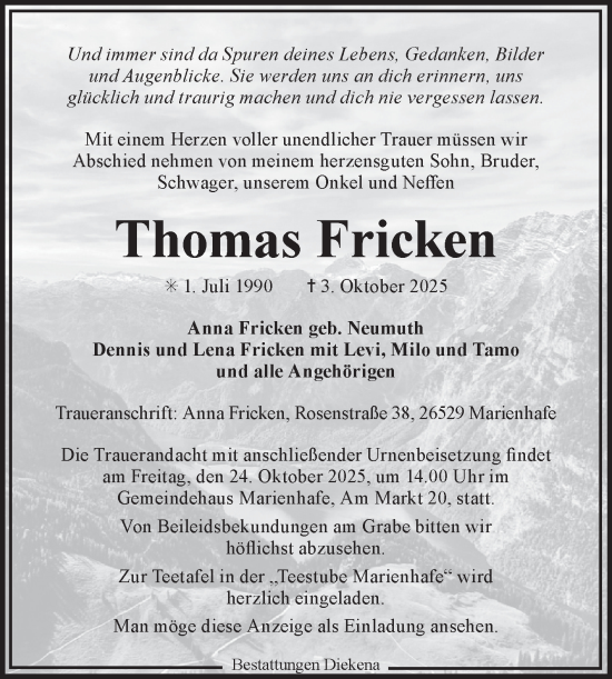 Traueranzeige von Thomas Fricken von Ostfriesischer Kurier GmbH
