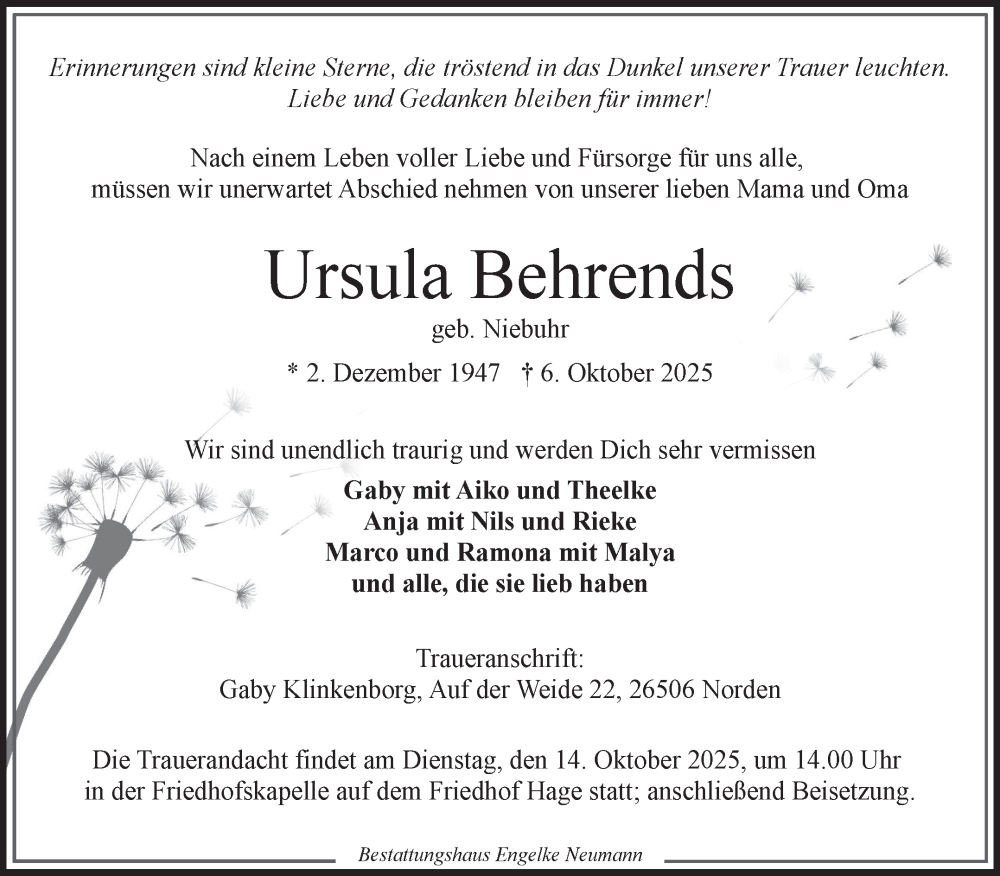  Traueranzeige für Ursula Behrends vom 11.10.2025 aus Ostfriesischer Kurier GmbH