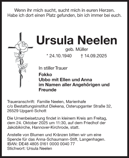 Traueranzeige von Ursula Neelen von Ostfriesischer Kurier GmbH