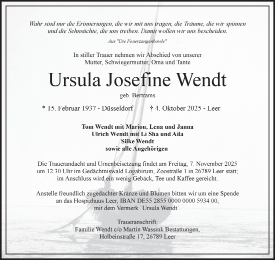 Traueranzeige von Ursula Josefine Wendt von Ostfriesischer Kurier GmbH
