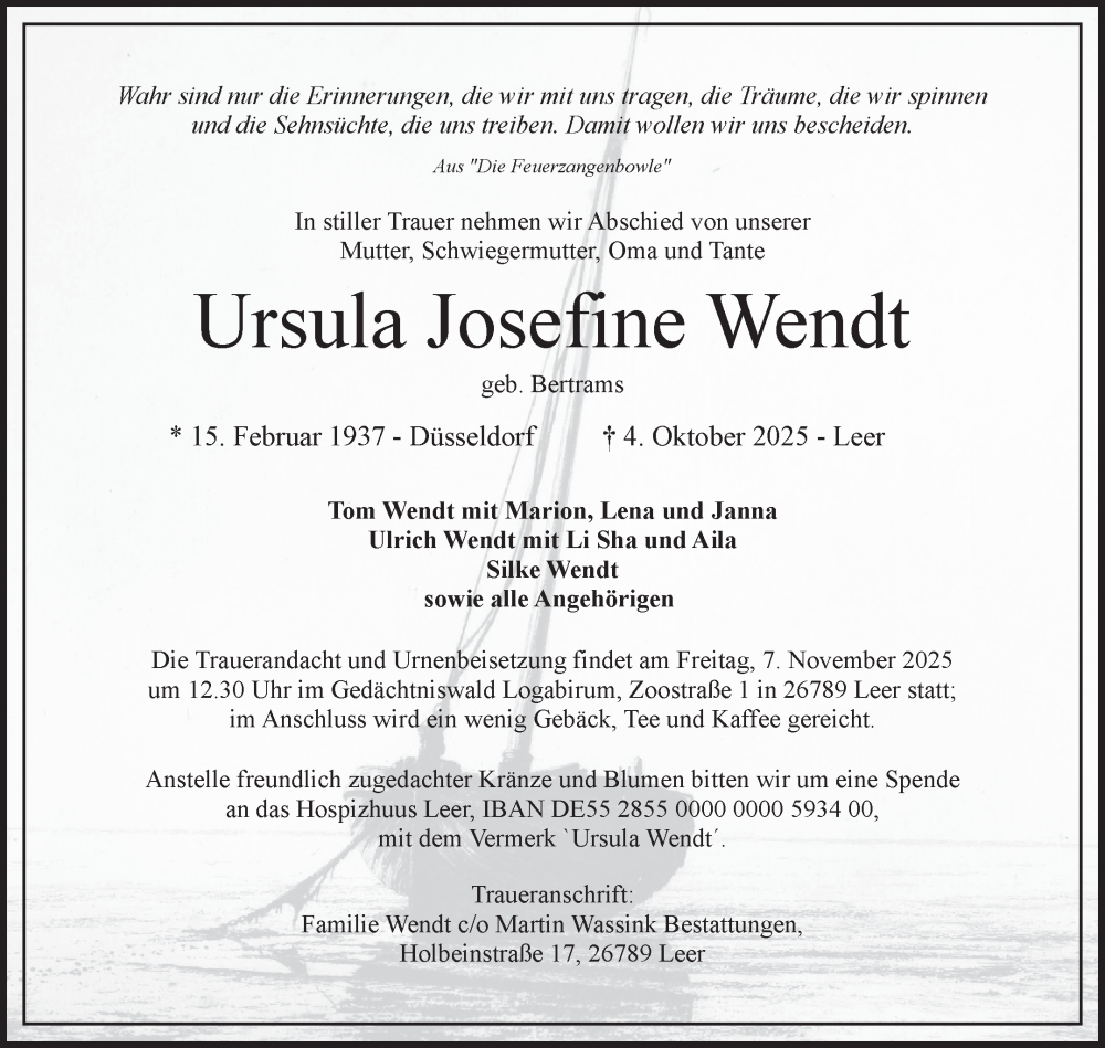  Traueranzeige für Ursula Josefine Wendt vom 11.10.2025 aus Ostfriesischer Kurier GmbH
