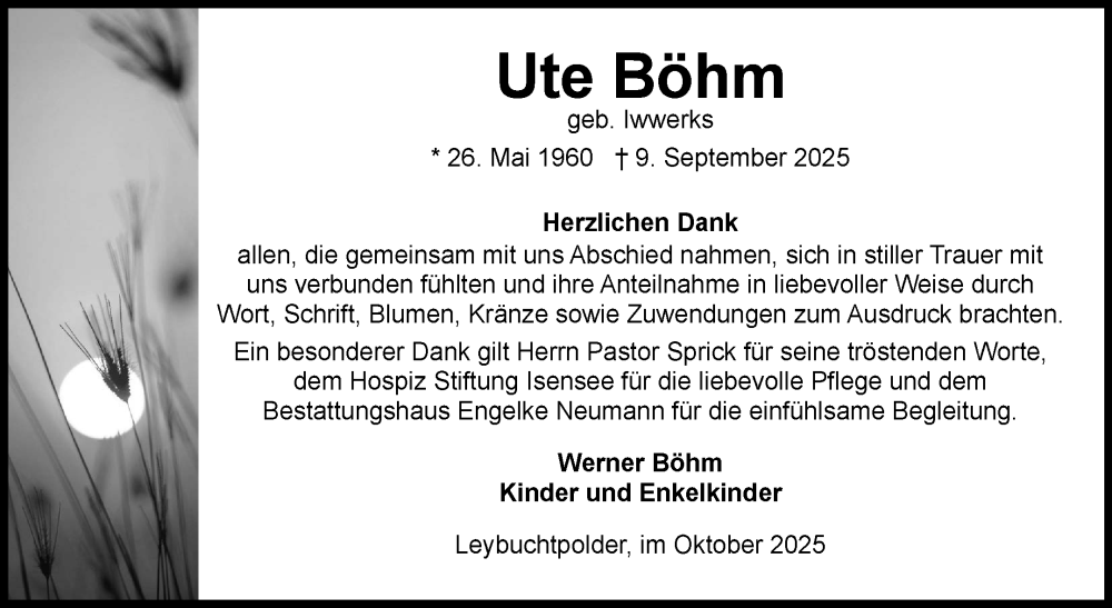  Traueranzeige für Ute Böhm vom 25.10.2025 aus Ostfriesischer Kurier GmbH