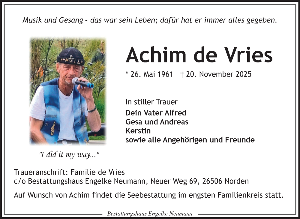  Traueranzeige für Achim de Vries vom 22.11.2025 aus Ostfriesischer Kurier GmbH