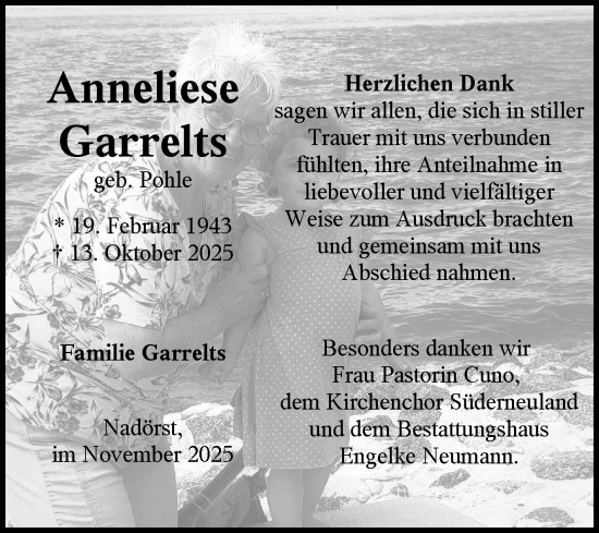 Traueranzeige von Anneliese Garrelts von Ostfriesischer Kurier GmbH