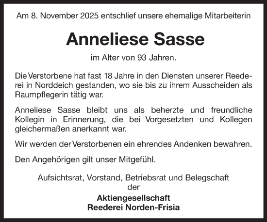 Traueranzeige von Anneliese Sasse von Ostfriesischer Kurier GmbH
