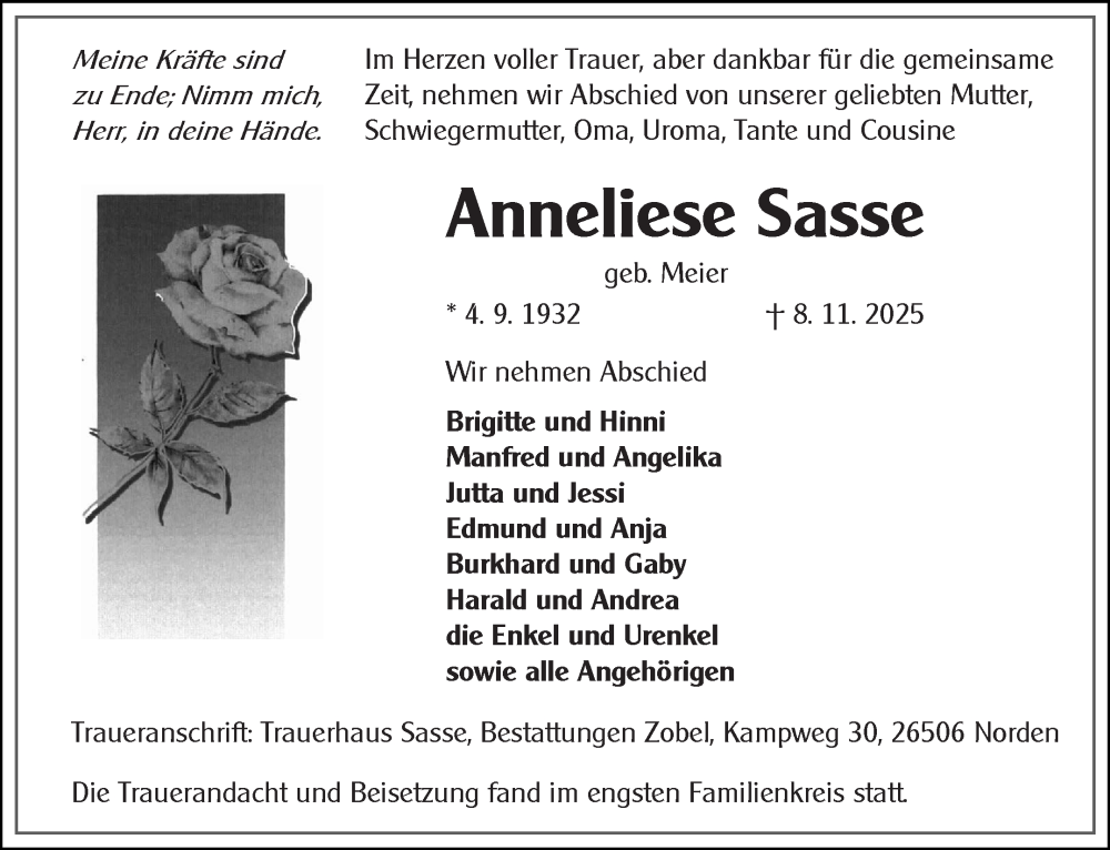  Traueranzeige für Anneliese Sasse vom 15.11.2025 aus Ostfriesischer Kurier GmbH