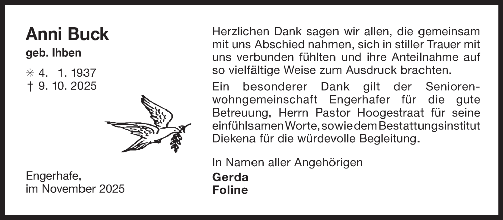  Traueranzeige für Anni Buck vom 08.11.2025 aus Ostfriesischer Kurier GmbH