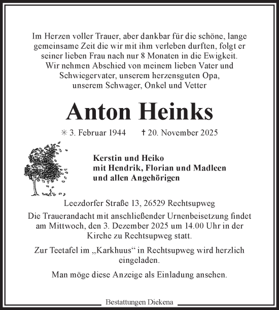 Traueranzeige von Anton Heinks von Ostfriesischer Kurier GmbH