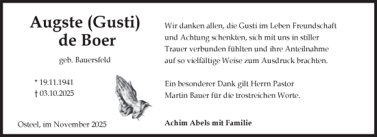 Traueranzeige von Augste de Boer von Ostfriesischer Kurier GmbH