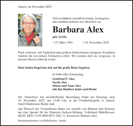 Traueranzeige von Barbara Alex von Ostfriesischer Kurier GmbH