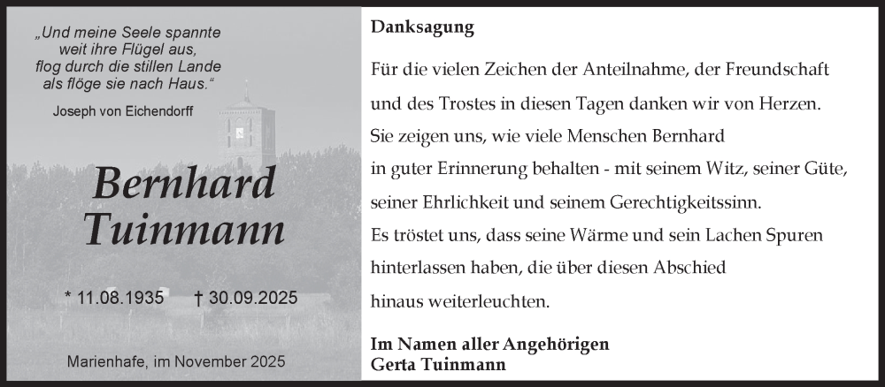  Traueranzeige für Bernhard Tuinmann vom 15.11.2025 aus Ostfriesischer Kurier GmbH