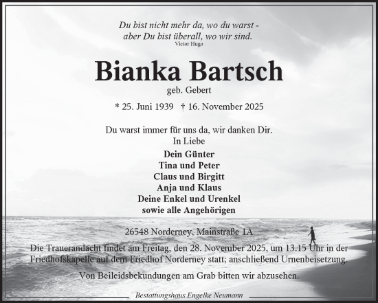 Traueranzeige von Bianka Bartsch von Ostfriesischer Kurier GmbH