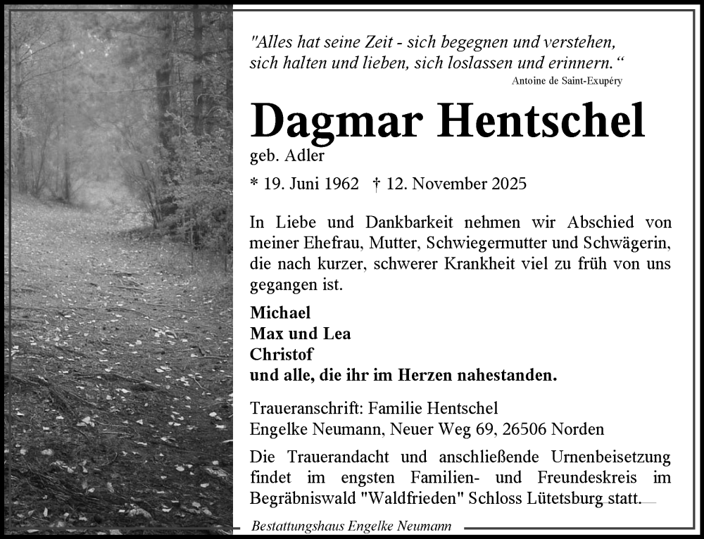  Traueranzeige für Dagmar Hentschel vom 22.11.2025 aus Ostfriesischer Kurier GmbH