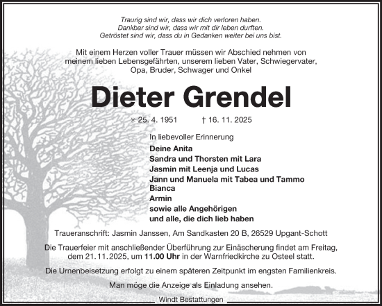 Traueranzeige von Dieter Grendel von Ostfriesischer Kurier GmbH