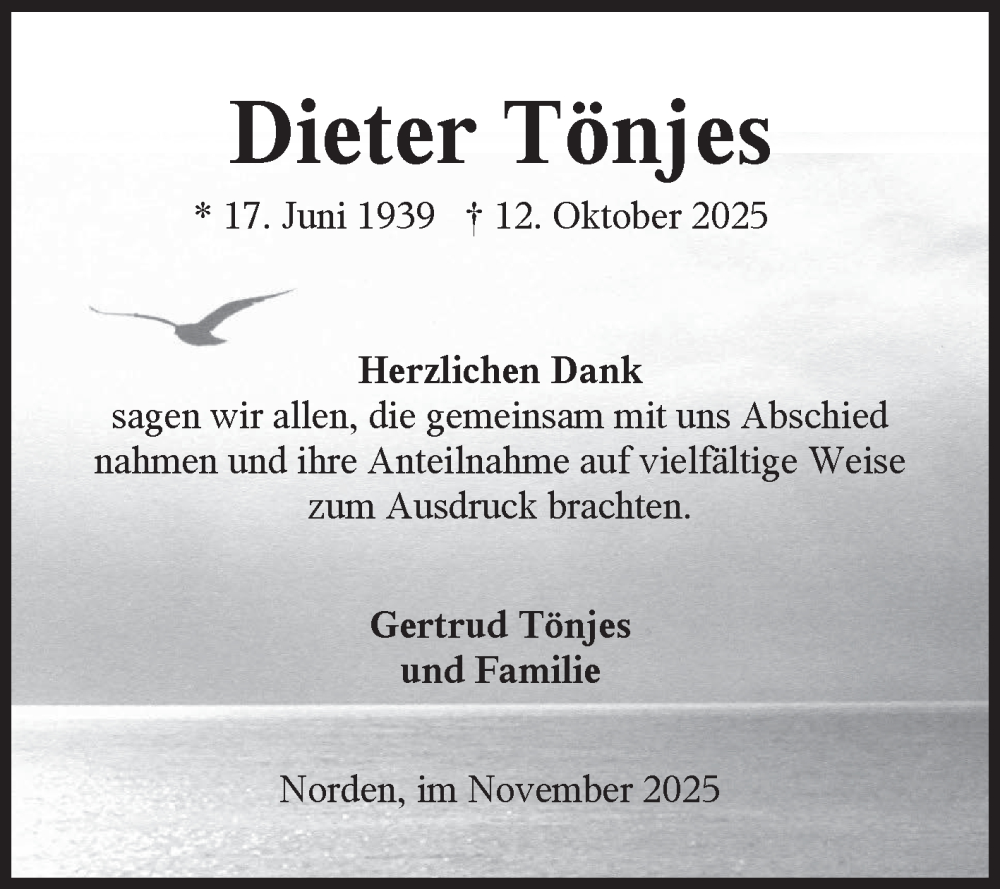  Traueranzeige für Dieter Tönjes vom 08.11.2025 aus Ostfriesischer Kurier GmbH