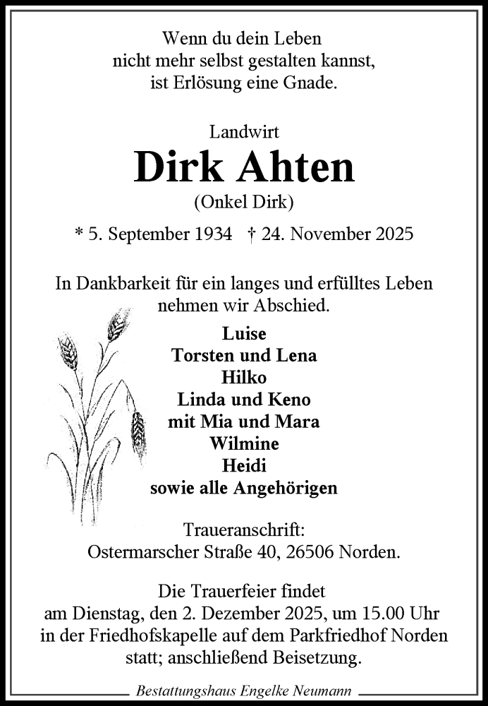  Traueranzeige für Dirk Ahten vom 29.11.2025 aus Ostfriesischer Kurier GmbH