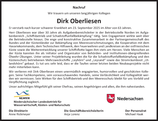 Traueranzeige von Dirk Oberliesen von Ostfriesischer Kurier GmbH