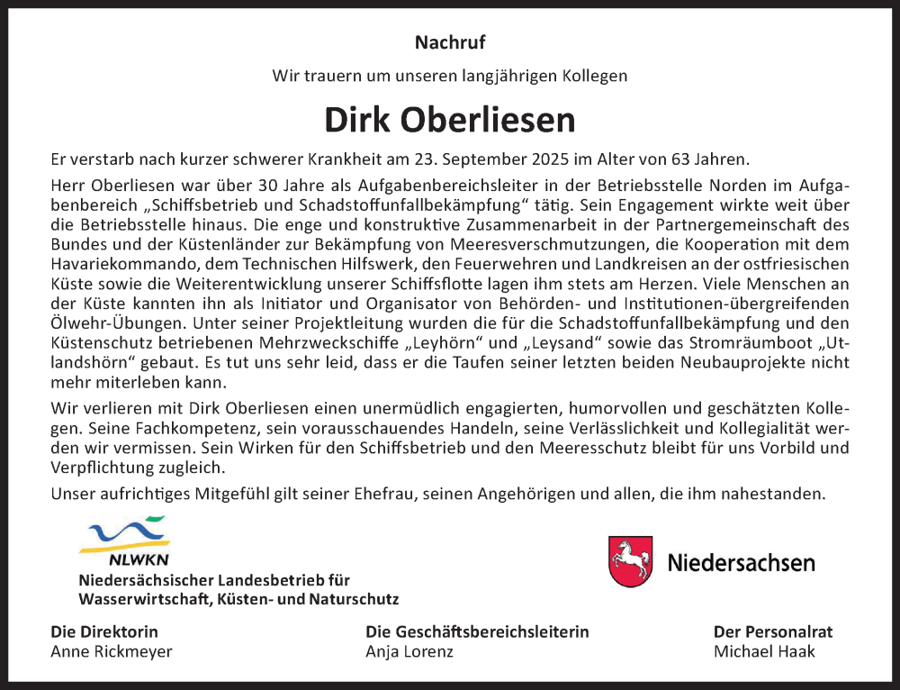  Traueranzeige für Dirk Oberliesen vom 29.11.2025 aus Ostfriesischer Kurier GmbH