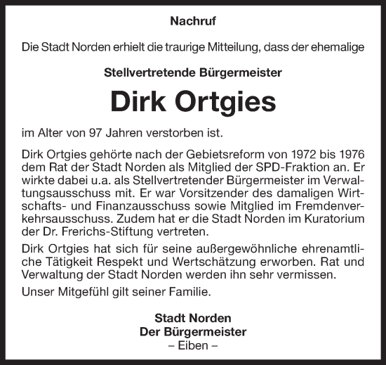 Traueranzeige von Dirk Ortgies von Ostfriesischer Kurier GmbH