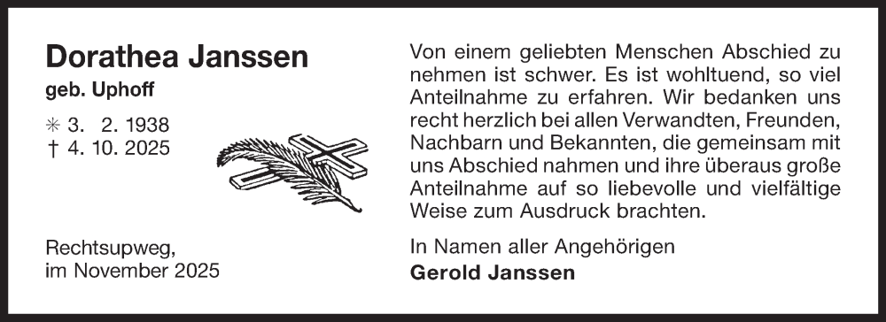  Traueranzeige für Dorathea Janssen vom 08.11.2025 aus Ostfriesischer Kurier GmbH