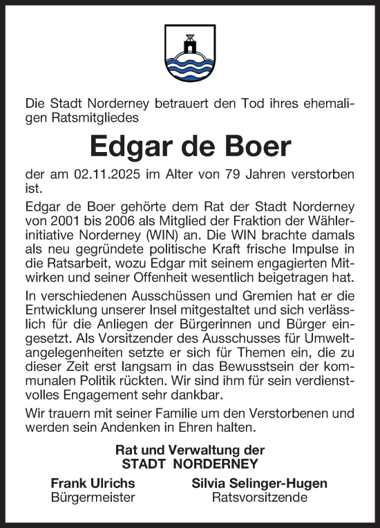 Traueranzeige von Edgar de Boer von Ostfriesischer Kurier GmbH