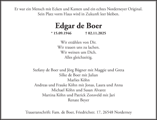 Traueranzeige von Edgar de Boer von Ostfriesischer Kurier GmbH