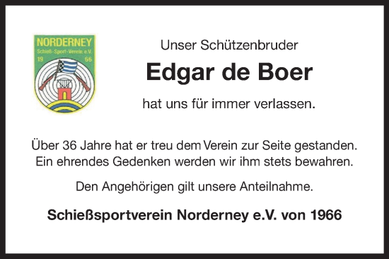 Traueranzeige von Edgar de Boer von Ostfriesischer Kurier GmbH