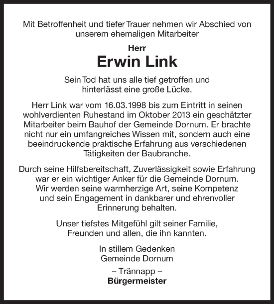 Traueranzeige von Erwin Link von Ostfriesischer Kurier GmbH