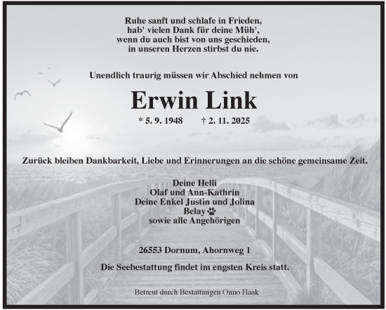 Traueranzeige von Erwin Link von Ostfriesischer Kurier GmbH