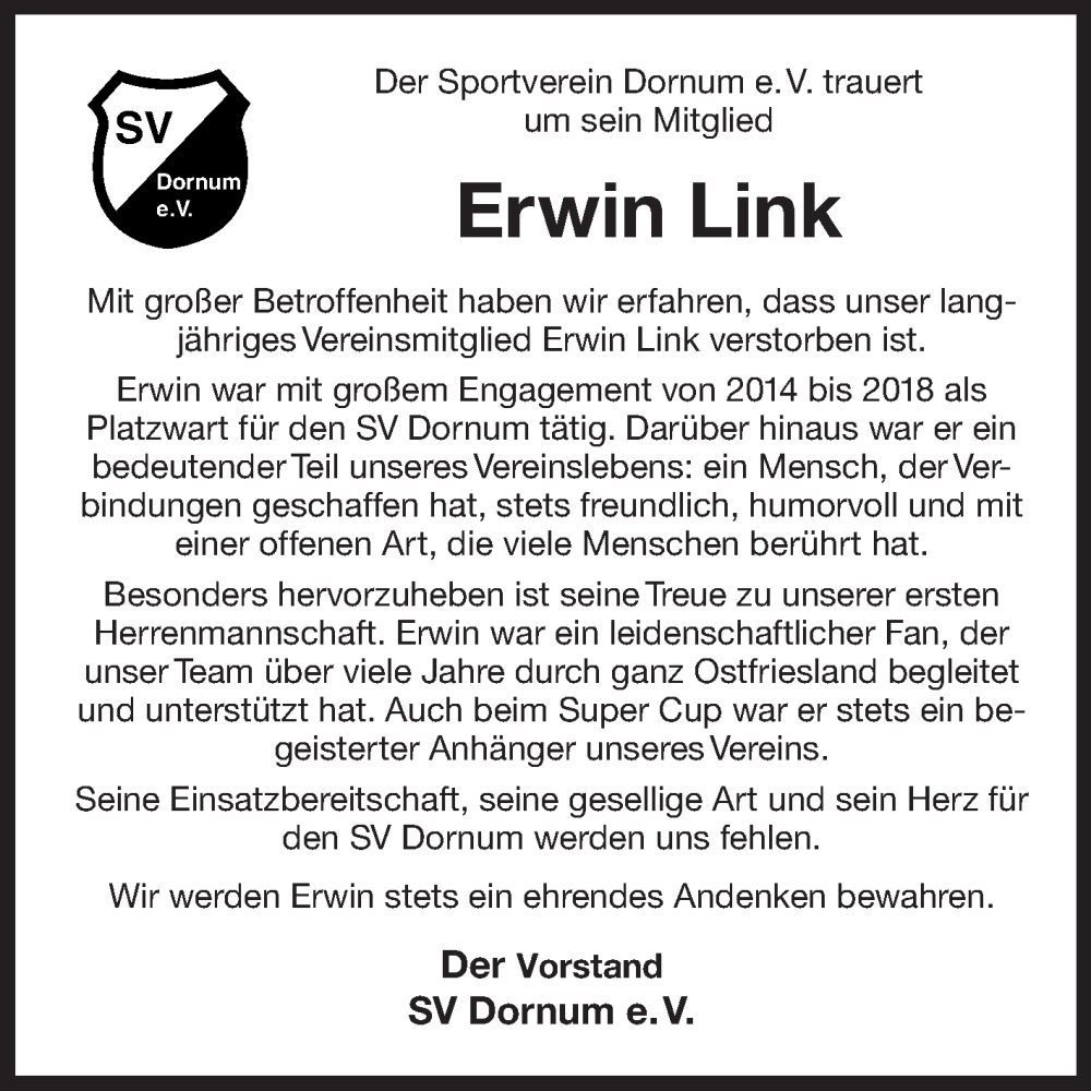  Traueranzeige für Erwin Link vom 07.11.2025 aus Ostfriesischer Kurier GmbH