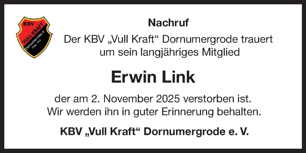  Traueranzeige für Erwin Link vom 12.11.2025 aus Ostfriesischer Kurier GmbH
