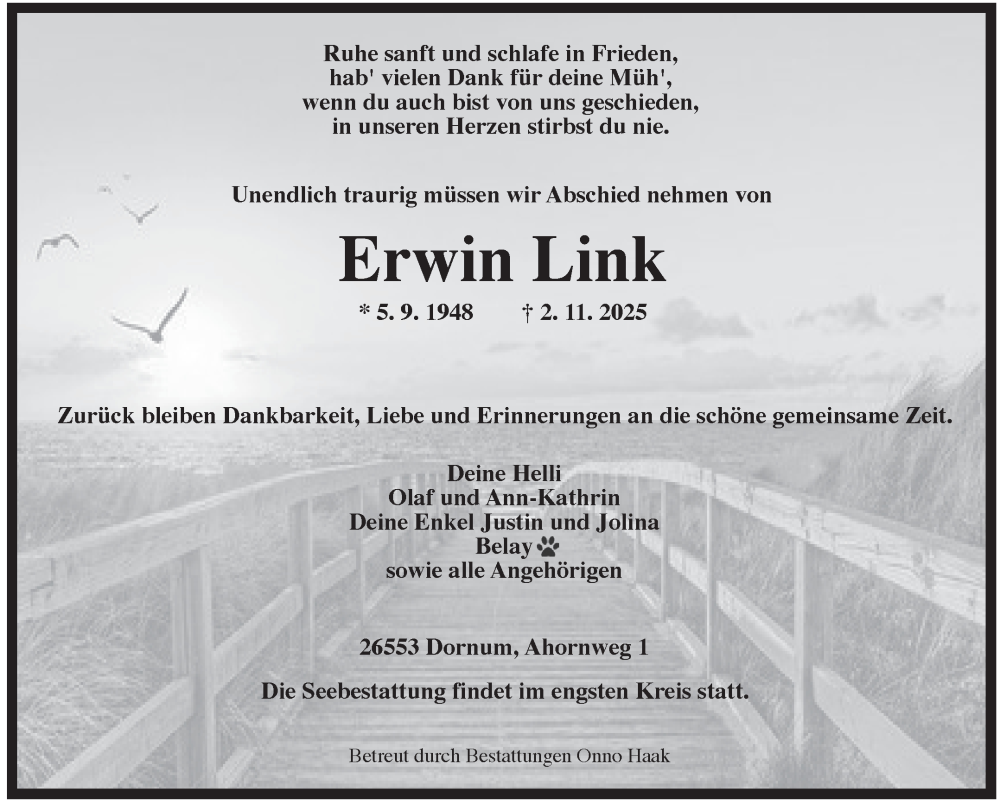  Traueranzeige für Erwin Link vom 06.11.2025 aus Ostfriesischer Kurier GmbH