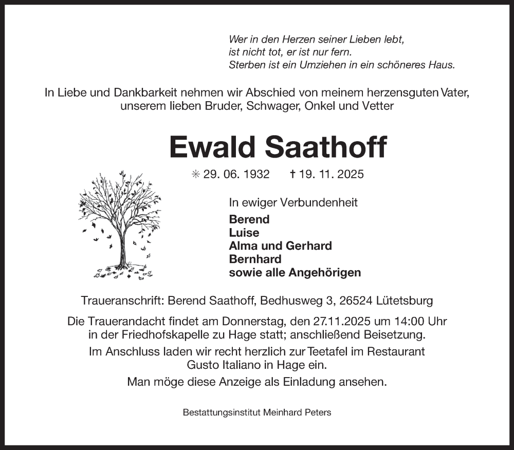  Traueranzeige für Ewald Saathoff vom 25.11.2025 aus Ostfriesischer Kurier GmbH