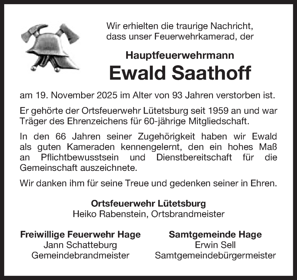  Traueranzeige für Ewald Saathoff vom 26.11.2025 aus Ostfriesischer Kurier GmbH