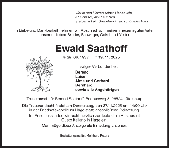 Traueranzeige von Ewald Saathoff von Ostfriesischer Kurier GmbH