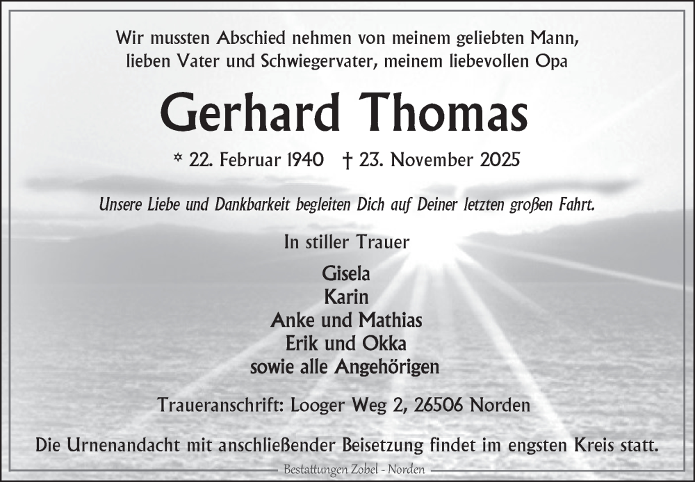  Traueranzeige für Gerhard Thomas vom 29.11.2025 aus Ostfriesischer Kurier GmbH