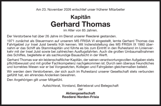 Traueranzeige von Gerhard Thomas von Ostfriesischer Kurier GmbH