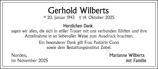 Traueranzeige von Gerhold Wilberts von Ostfriesischer Kurier GmbH