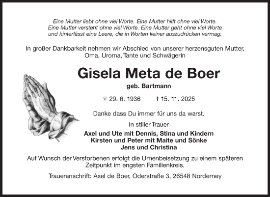 Traueranzeige von Gisela Meta de Boer von Ostfriesischer Kurier GmbH