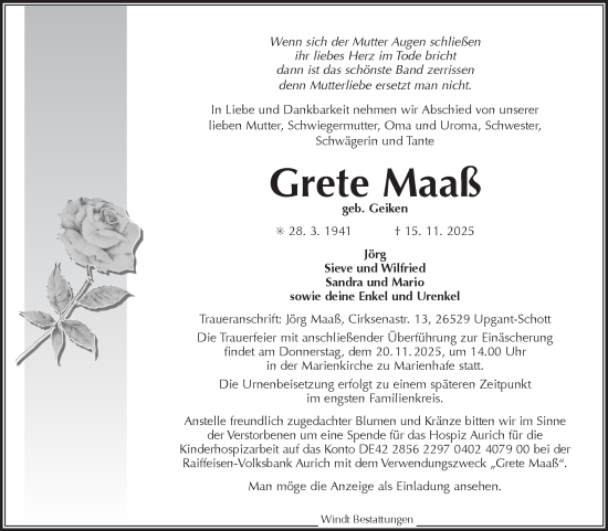 Traueranzeige von Grete Maaß von Ostfriesischer Kurier GmbH