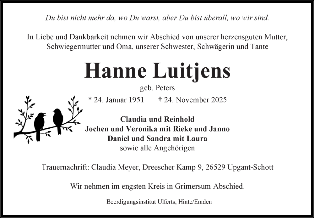  Traueranzeige für Hanne Luitjens vom 29.11.2025 aus Ostfriesischer Kurier GmbH