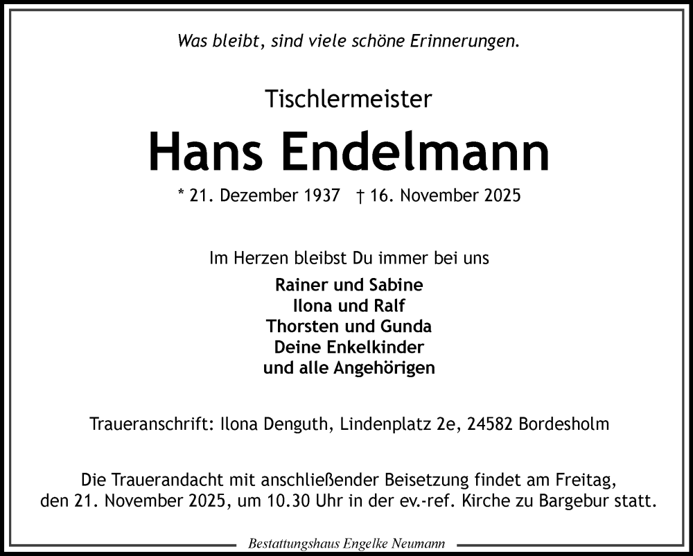  Traueranzeige für Hans Endelmann vom 19.11.2025 aus Ostfriesischer Kurier GmbH