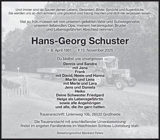 Traueranzeige von Hans-Georg Schuster von Ostfriesischer Kurier GmbH