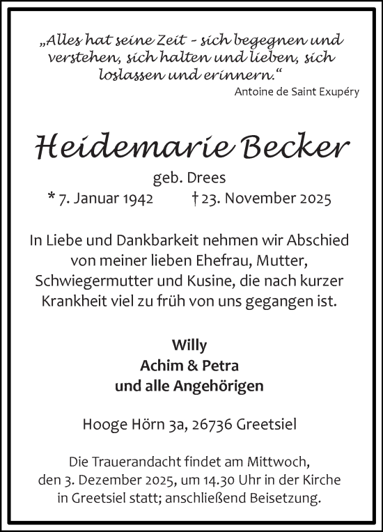 Traueranzeige von Heidemarie Becker von Ostfriesischer Kurier GmbH